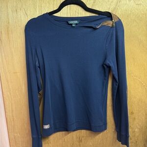 Lauren Ralph Lauren Navy Long-Sleeve Crew Top with Brown Trim Accent